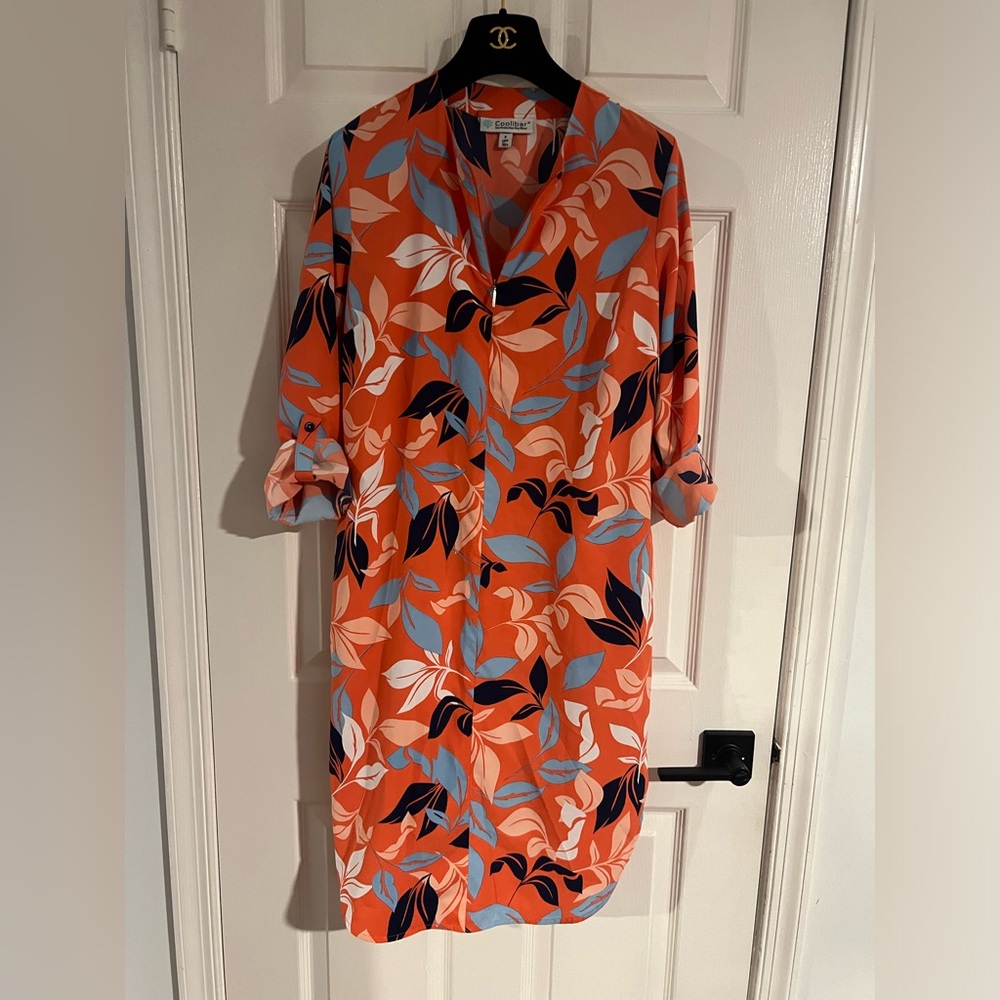 Coolibar Tunic Dress Cover Up Zip V Neck Orange Roll Tab Sleeve UPF 50+ Size S